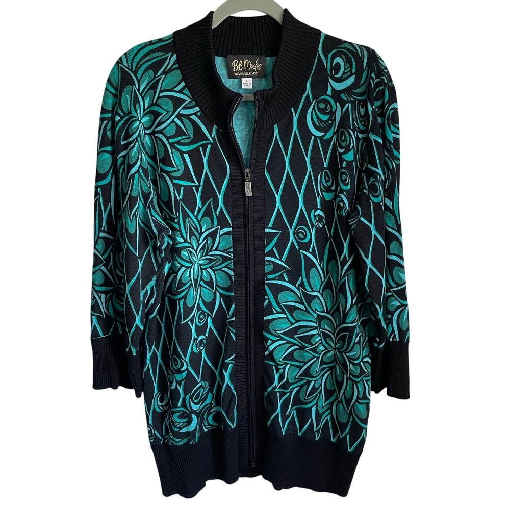 Bob Mackie Wearable Art Cardigan Sweater Sz L Zip Front Teal Black Lagenlook
